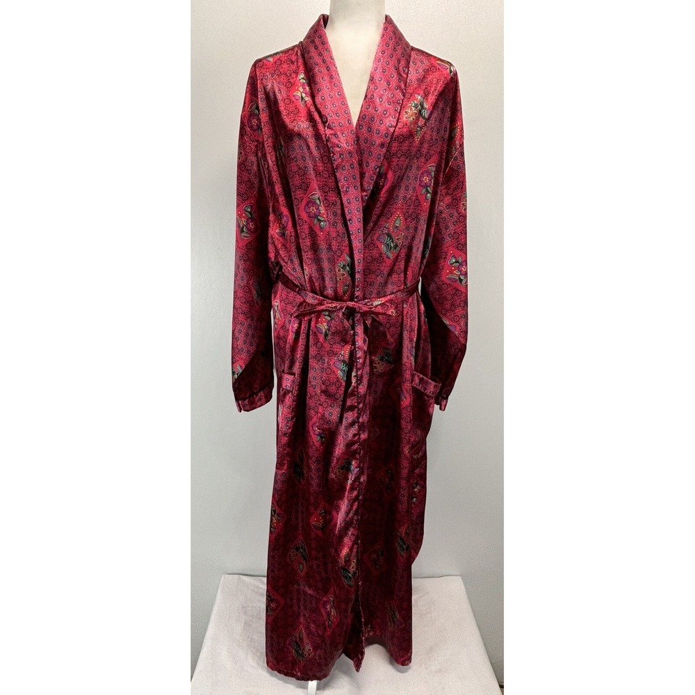 Vtg Beth Michaels Satin Robe Sz Large Women's Belted Pockets Red Floral Long